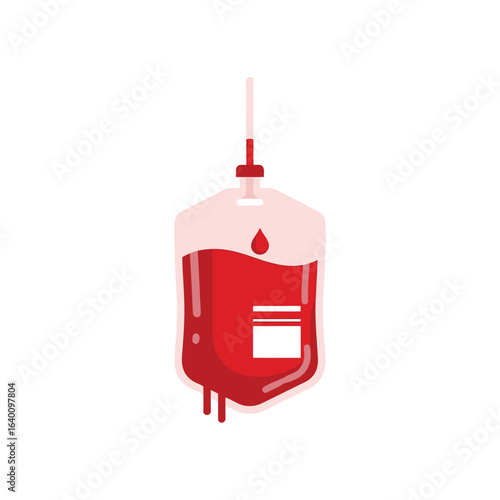 A medical blood bag filled with red liquid, suspended by a thin tube, representing donation and healthcare.