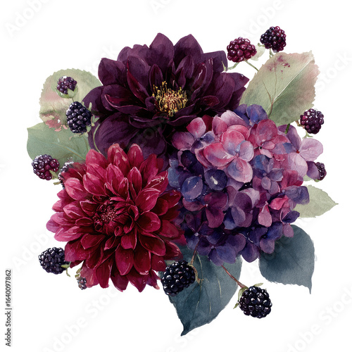 Dark, rich bouquet of dahlias and hydrangeas, adorned with greenery and berries