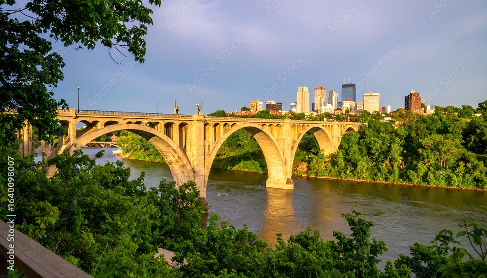 Fototapeta premium A view of a bridge spanning a river with a city skyline in the background.