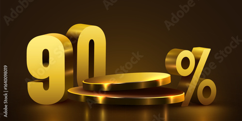90 percent with podium. Sale, discount or bonus concept. Vector illustration