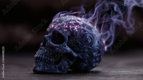 Ornate carved skull with amethyst flame and smoke, dark fantasy art