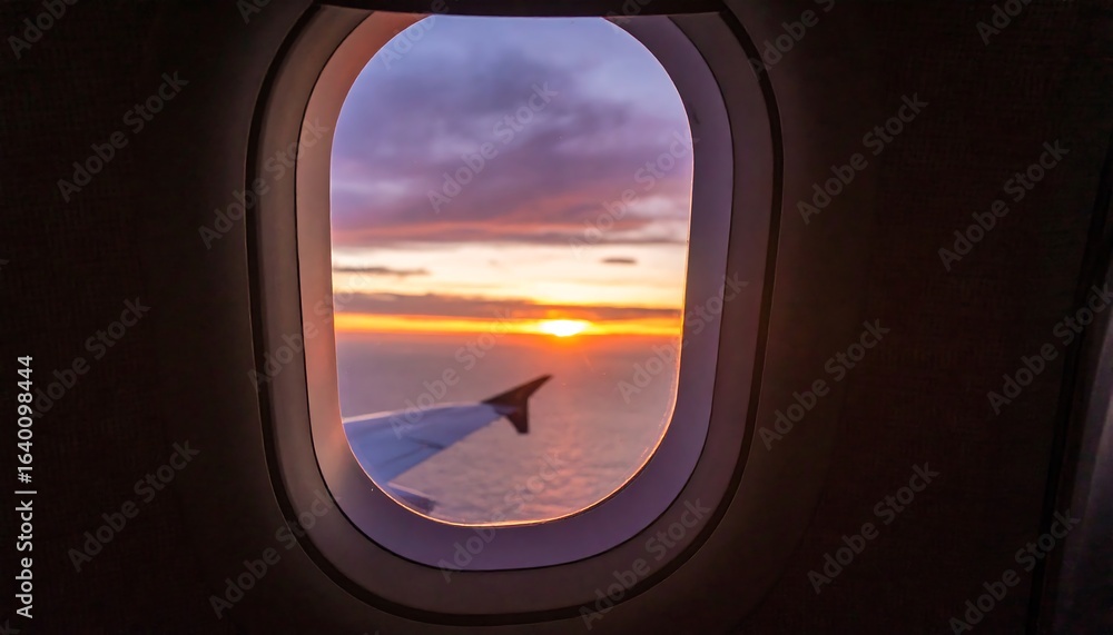 Airplane window view of a colorful sunset Airplane window view of a colorful sunset