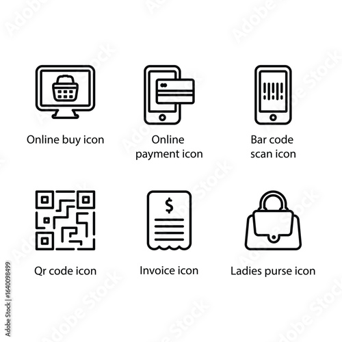 Online buy, Online payment, Bar code scan, Qr code, Invoice, Ladies purse, icon