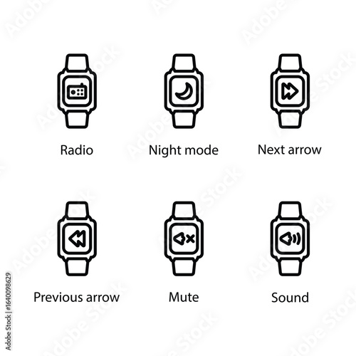 Radio, Night mode, Next arrow, Previous arrow, Mute, Sound, icon