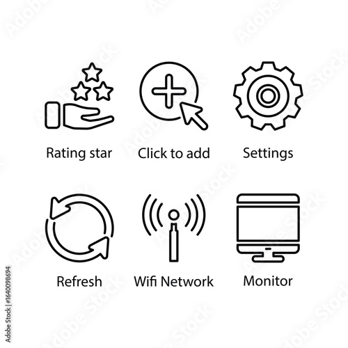 Rating star, Click to add, Settings, Refresh, Wifi Network, Monitor, icon