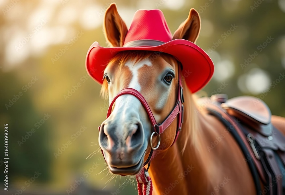 Obraz premium Charming horse, red cowboy hat, bokeh background, playful, whimsical, joyful, spirit