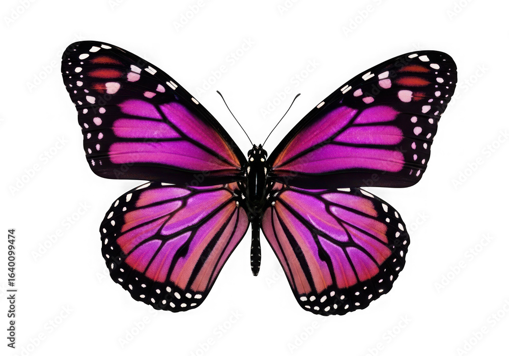 Fototapeta premium Vibrant pink monarch butterfly with black markings against a dark background