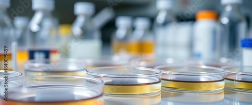 Close-up of empty sterile petri dishes on a lab bench,  testing,  genetics