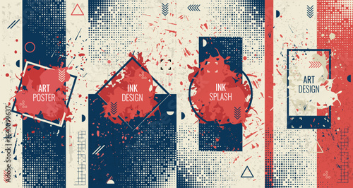 Set of abstract hand-drawn templates. Paint splashes, ink, halftone dots in retro colors. Frame for text. Design for cover, postcard, advertising poster, gift card, social media. Vector illustration.