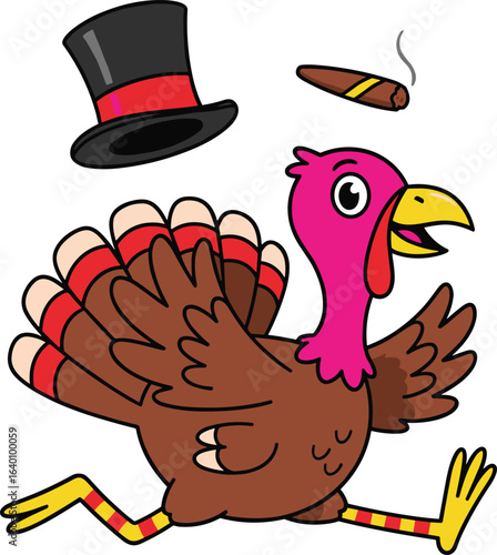 Cartoon Turkey Running with Pink Head, Colorful Feathers, Striped Socks, Top Hat and Cigar — Funny Thanksgiving Character