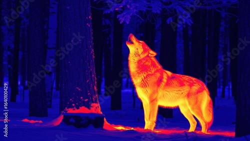 A thermal camera image of a wolf howling in a snowy, dark forest.
