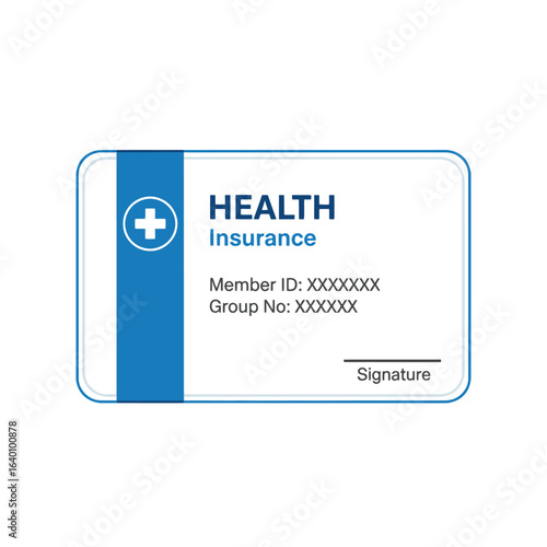 A clean, minimalist illustration of a generic health insurance card featuring a medical cross symbol and placeholder text for member details.