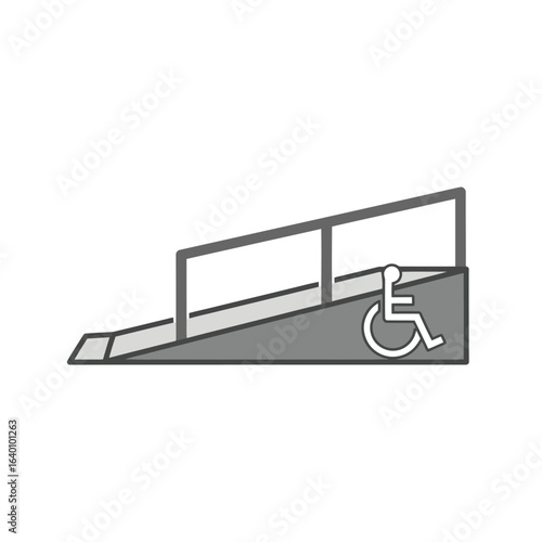 Simple illustration of a wheelchair ramp with handrails, accessibility symbol.