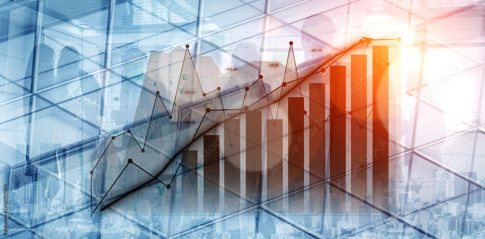 Fototapeta premium This image showcases a modern city skyline with financial charts overlaying, symbolizing economic growth and development in a dynamic urban setting. Impute