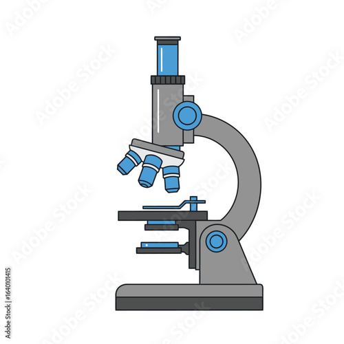 An isolated illustration of a grey and blue compound light microscope for scientific study and research.