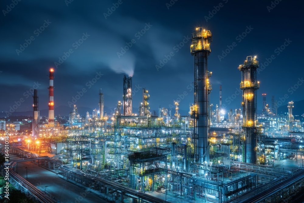 Fototapeta premium At night, the refinery comes to life with colorful illumination, highlighting a vast array of pipes, tanks, and chimneys. The intricate design creates an industrial landscape filled with energy
