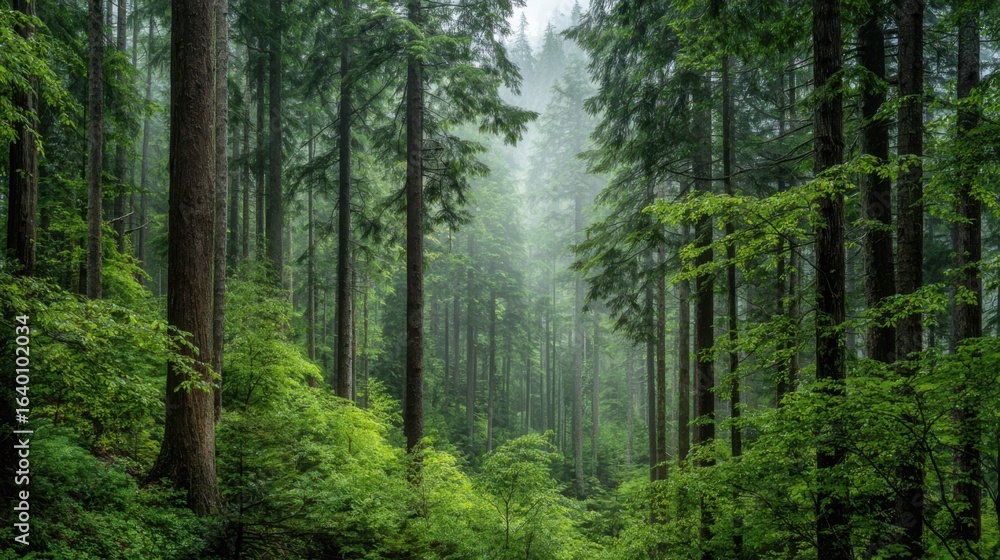 Obraz premium A forest with trees and bushes. The trees are green and the bushes are green. The forest is very lush and full of life