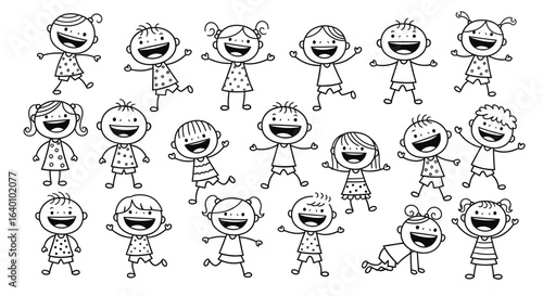 Vector art of group of happy stick figure kids isolated on white background, vector illustration