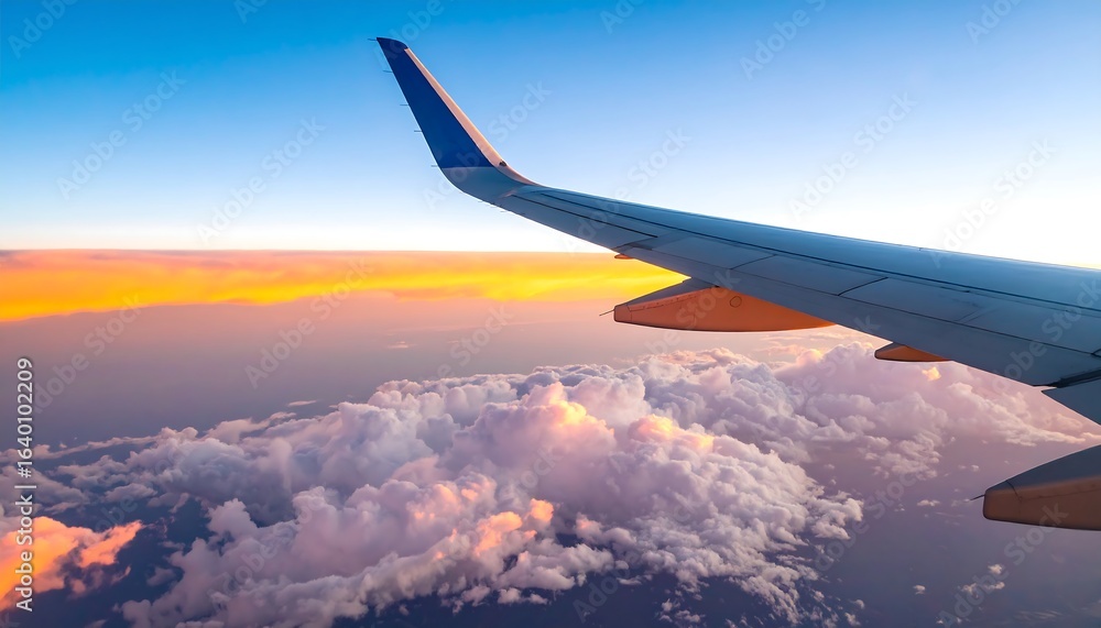 Obraz premium Airplane wing over colorful clouds at sunset (1)