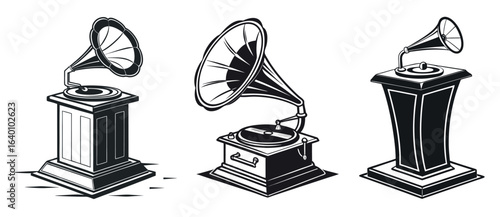 Vintage Gramophones: An artistic monochrome array of antique gramophones, each poised in silent elegance, inviting a journey back in time to the golden age of music. 