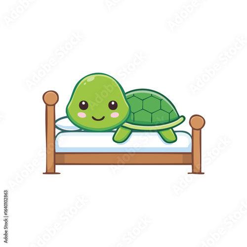 A cute cartoon turtle resting comfortably in a cozy bed, creating a sense of peacefulness and relaxation