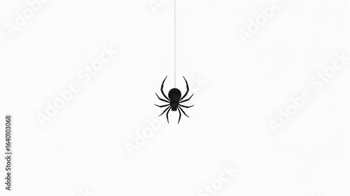 A hanging spider silhouette against a plain white background on a thin almost invisible string