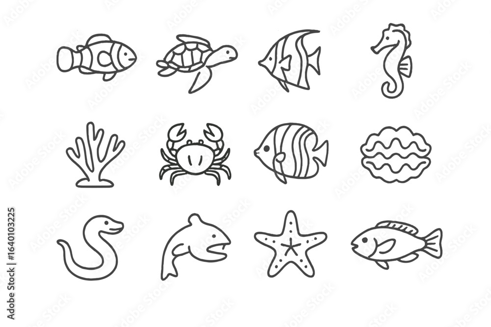 Obraz premium Collection of marine life icons featuring fish, coral, and sea animals