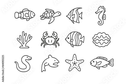 Collection of marine life icons featuring fish, coral, and sea animals
