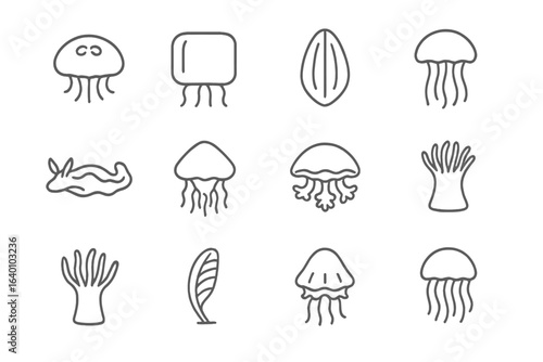 Abstract jellyfish and sea creatures black and white icon set