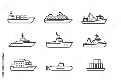 Set of nine nautical vessel icons: cargo, cruise, yacht, submarine, fishing, coast guard