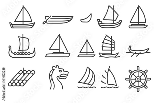 Various nautical symbols featuring sailboats, ships, and steering wheel