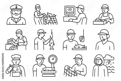 Minimalist fishing icons: diverse roles and equipment
