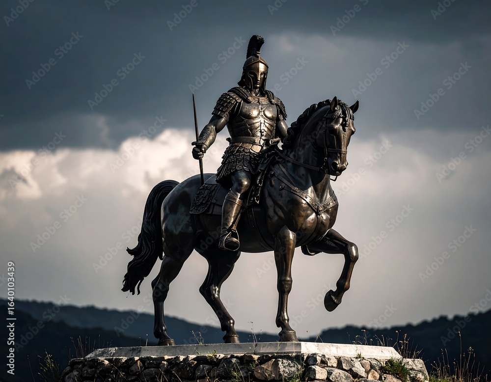 Obraz premium Bronze equestrian statue, dramatic sky