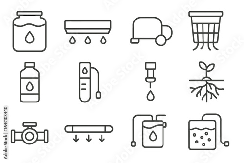 Simple black linear icons representing irrigation techniques on gray background