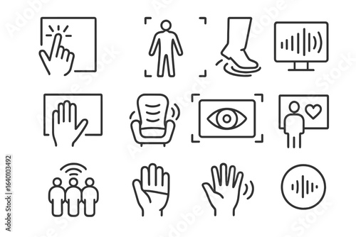 Set of minimalistic icons representing various human interactions and technology