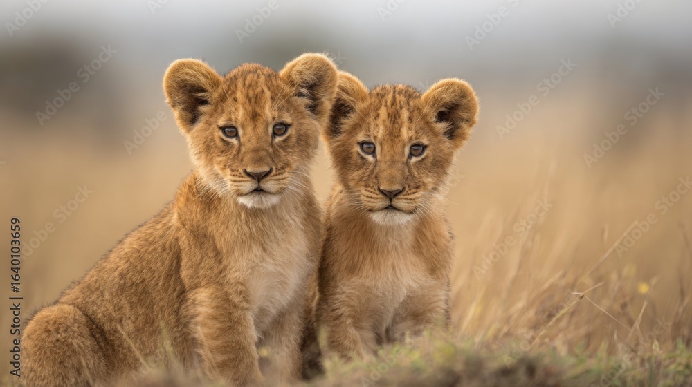 Two young lions are standing close to each other in a grassy field. The scene is calm and tranquil, with the two cubs looking at the camera. The grass is tall and dry, giving the impression of a hot Two young lions are standing close to each other in a grassy field. The scene is calm and tranquil, with the two cubs looking at the camera. The grass is tall and dry, giving the impression of a hot