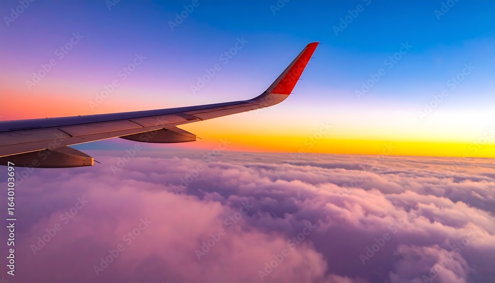 Obraz premium Airplane wing over vibrant sunset clouds