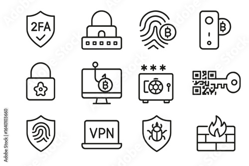 Cyber security icons: 2fa, fingerprint, lock, vpn, firewall, blockchain