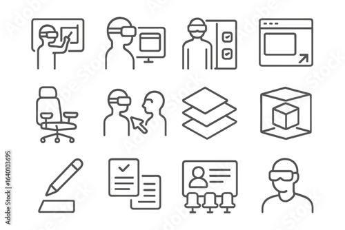 Virtual reality icons set featuring technology and user interaction designs