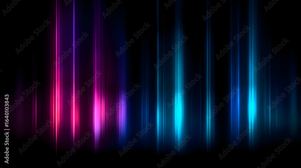 Obraz premium Abstract neon light streaks, soft glowing blue and purple beams on dark background, smooth gradients, cinematic lighting, futuristic minimalism, dreamy atmospheric design, high detail