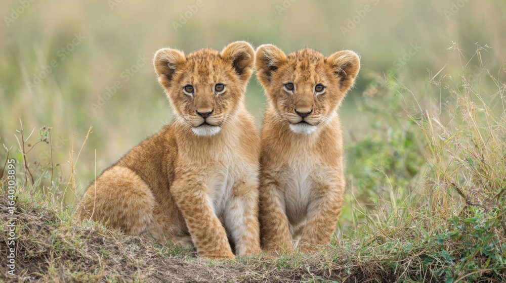 Two baby lions are sitting on the grass. They are looking at the camera. The scene is peaceful and calm Two baby lions are sitting on the grass. They are looking at the camera. The scene is peaceful and calm