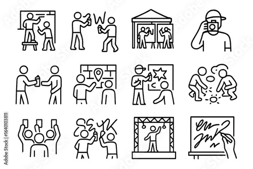 Creative event icons set: performance, gallery, photography, concert, interaction