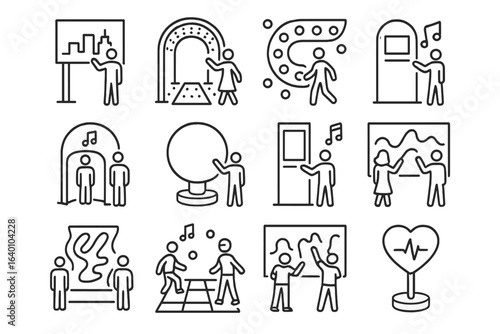 Art exhibition line icons: gallery visitors, paintings, music, heartbeat display