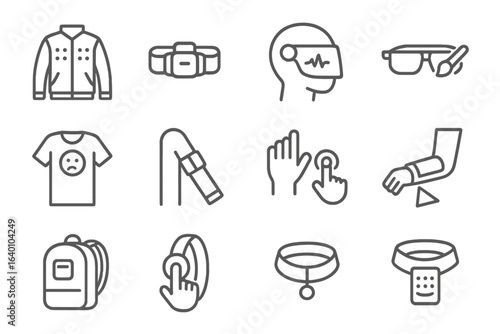 Smart wearable technology icons featuring clothing and devices