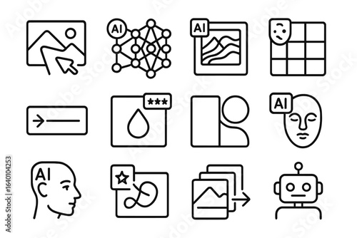 Ai interfaces and neural network icons on dark background