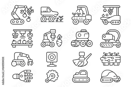 Monochrome farming technology icons: robot tools, vehicles, harvest, plants