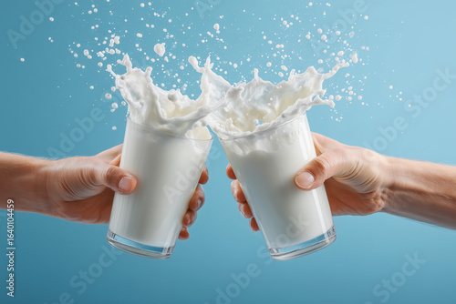 Two hands clinking glasses filled with milk, resulting in a beautiful splash
