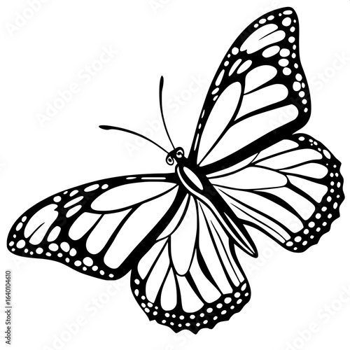 "Elegant ink illustration of a monarch butterfly in black and white, perfectly symmetrical, wings fully spread with intricate patterns, centered on a white page, Japanese minimalist art style."