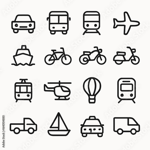 Transportation Icons Set: Black Outlined Vehicles and Modes of Transport on White Background