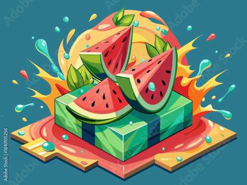 vector of Watermelon slices and splashes, perfect for summer ads, drink ads, cooking blogs...on a block of ice